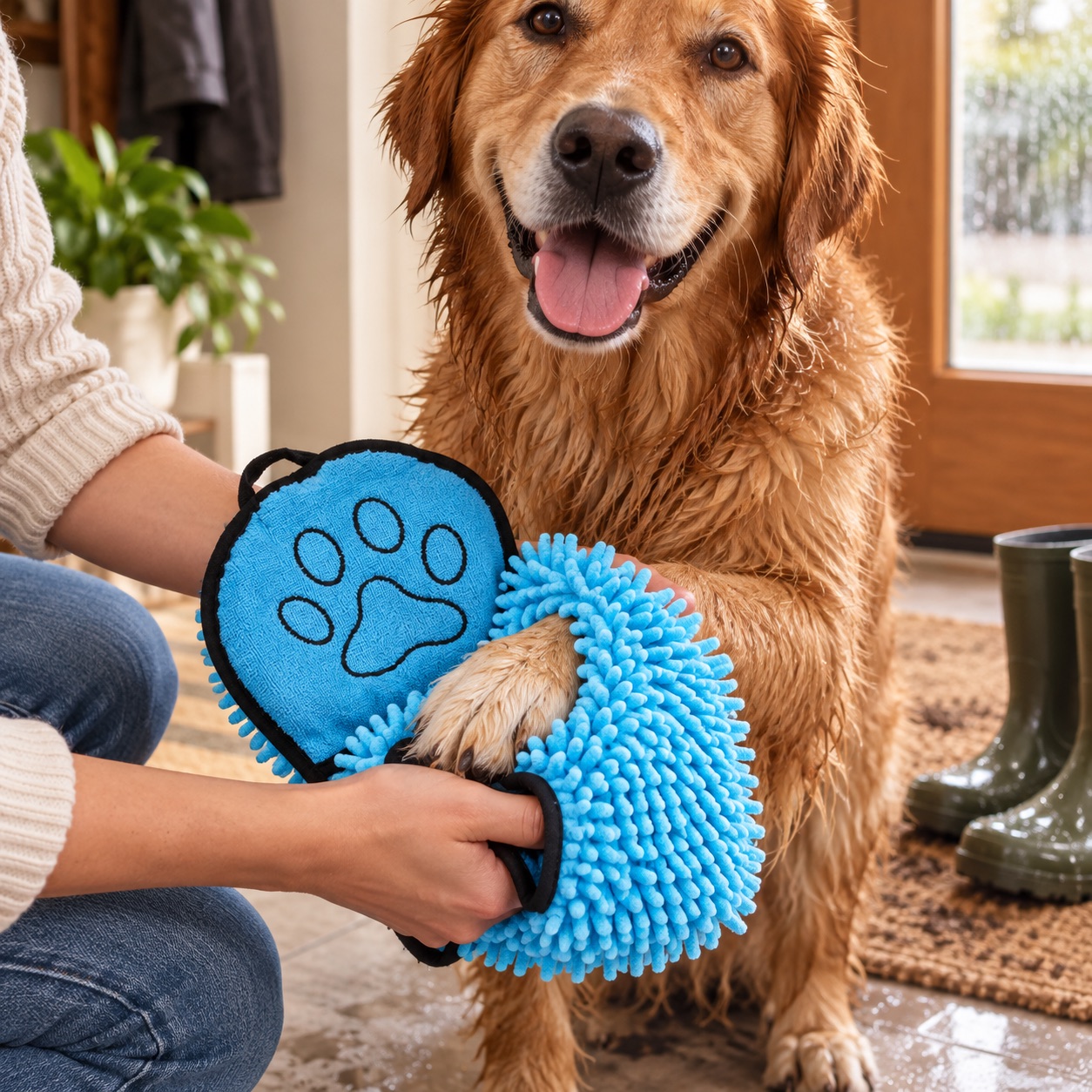 A happy dog having its paw dried after a rainy walk